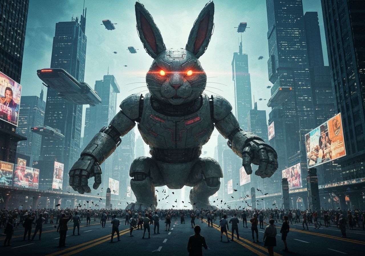 Cyberpunk Rabbit Automaton Rampage in Futuristic City