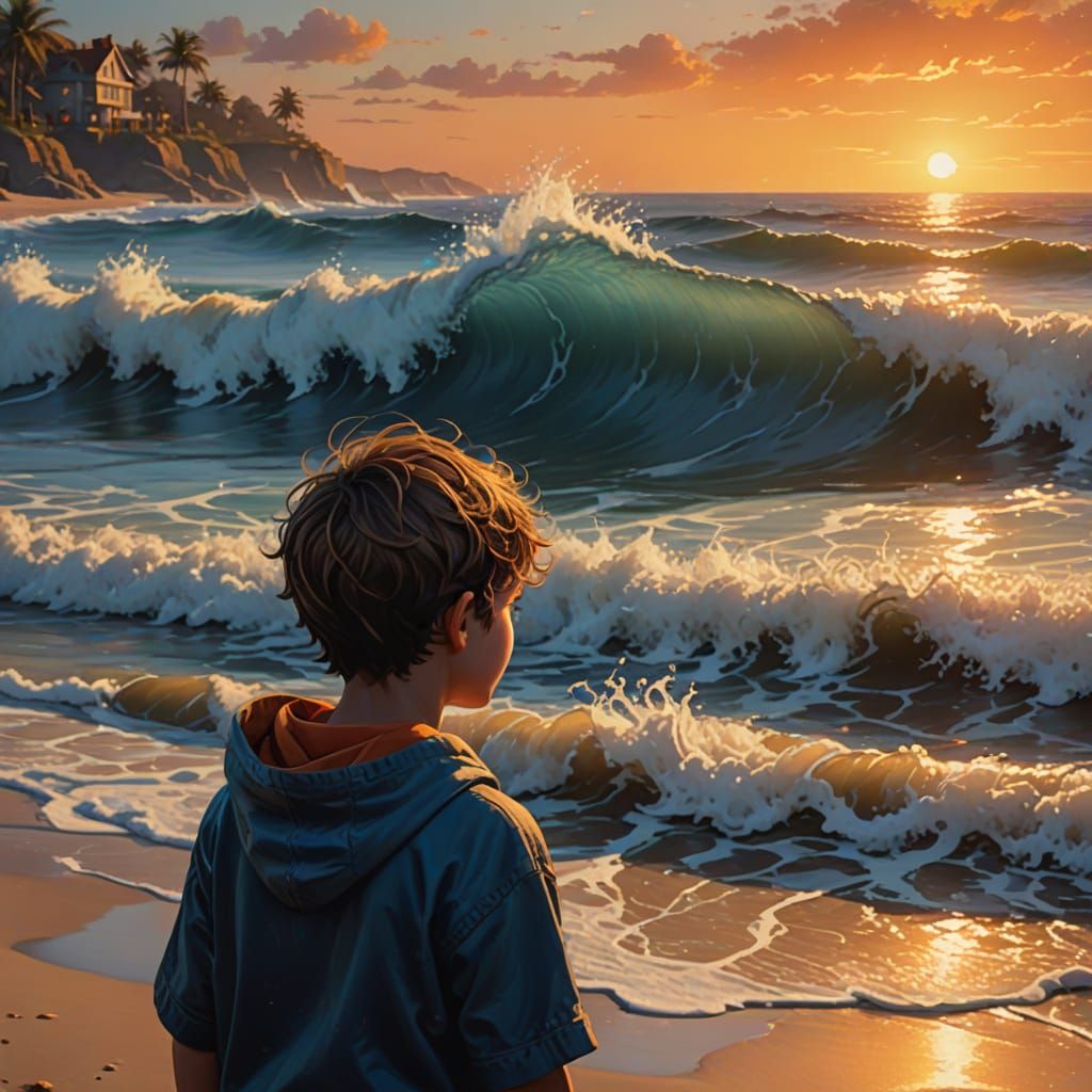 Boy Watches Sunset Waves in Vibrant Oil Painting Style