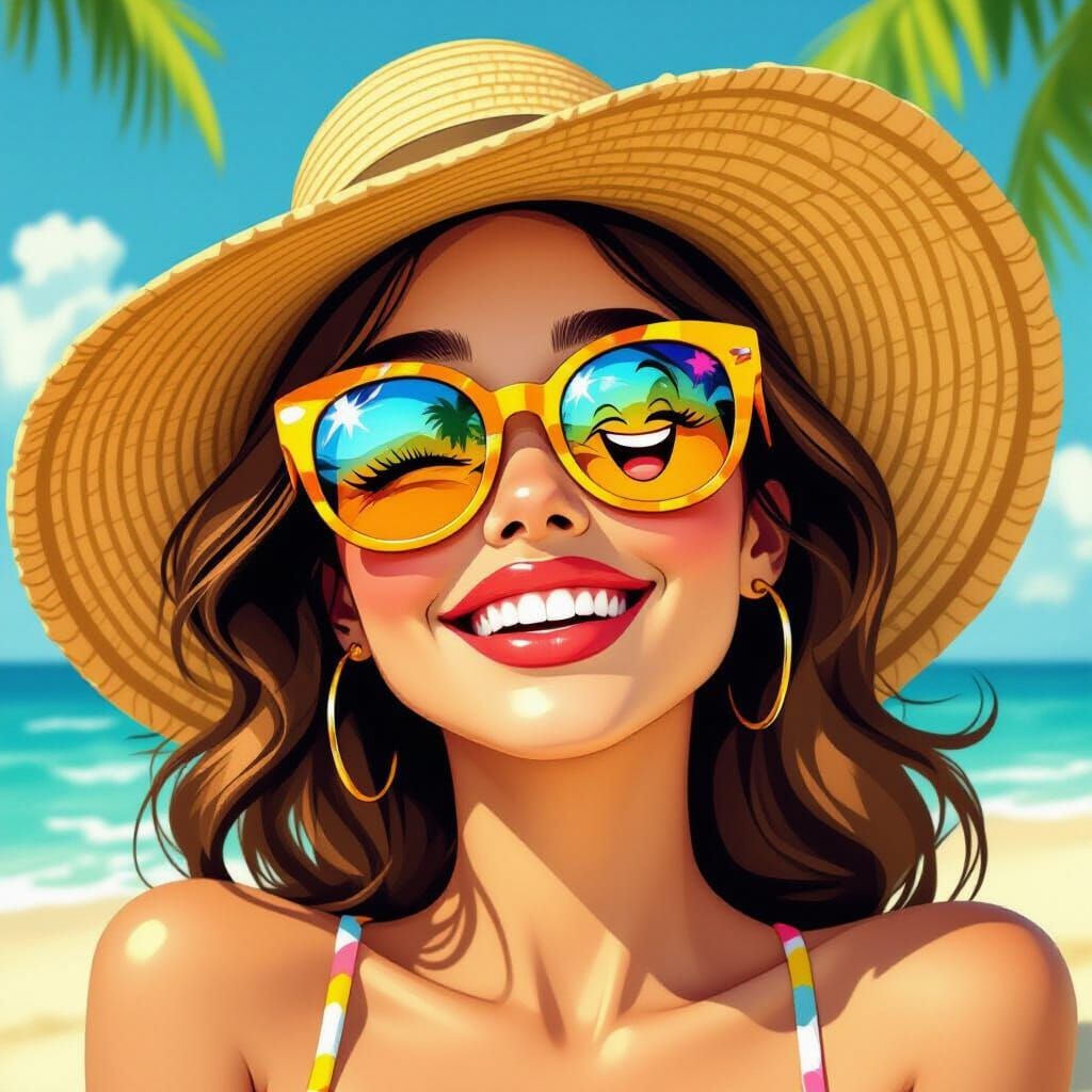 Woman Sunbathing with Funny Face Sunglasses on Beach