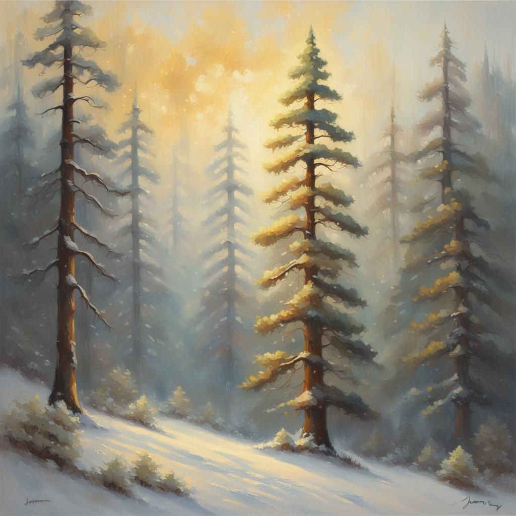 Snowy Pine Forest in Impressionist Oil Painting