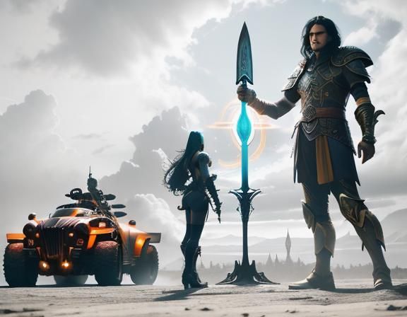 Fantasy Queen Surrounded by Warriors in Retro-Futuristic Sty...