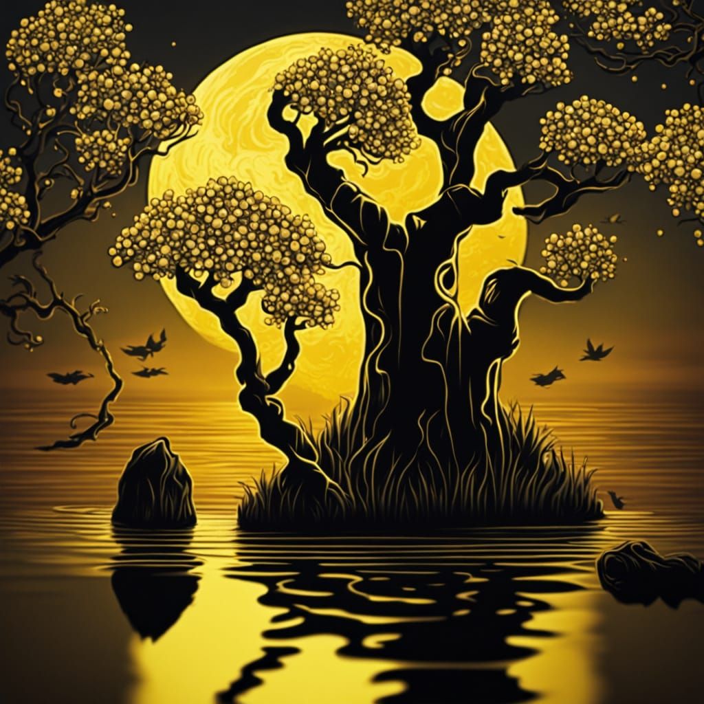 Klimt Style Moonlit Lake with Golden Details