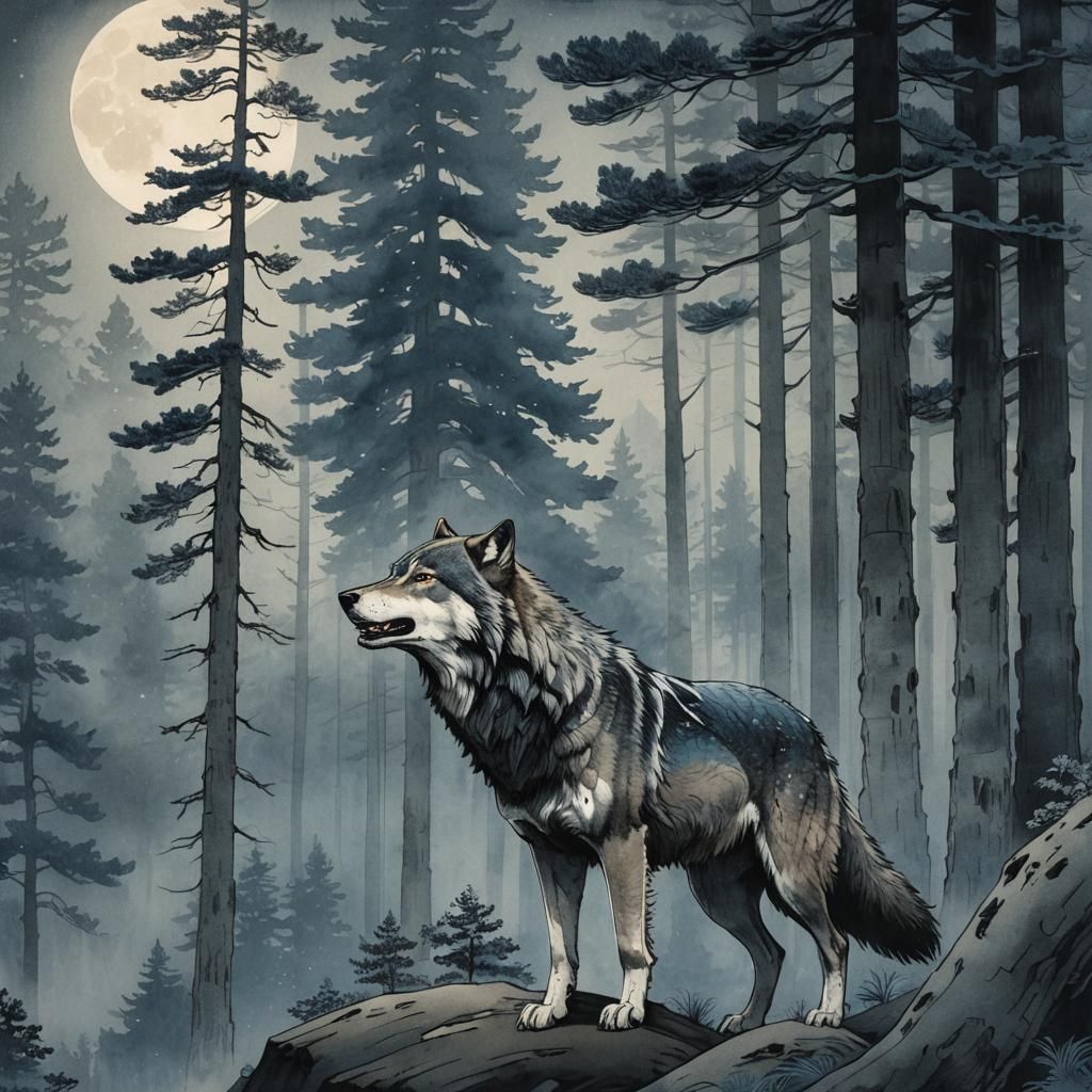Ukiyo-e Wolf Howling in Misty Moonlight