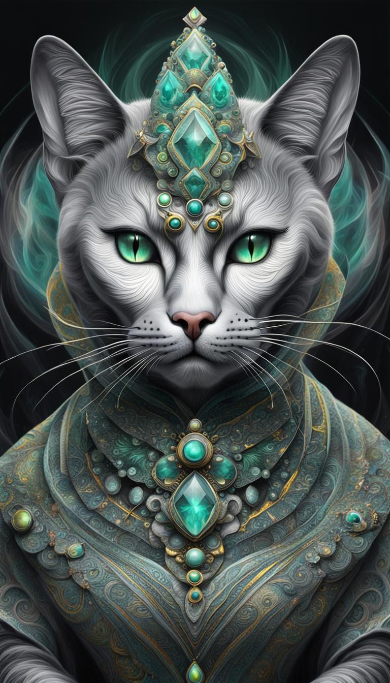 Futuristic Cat AI Priestess in Hyperrealism Painting