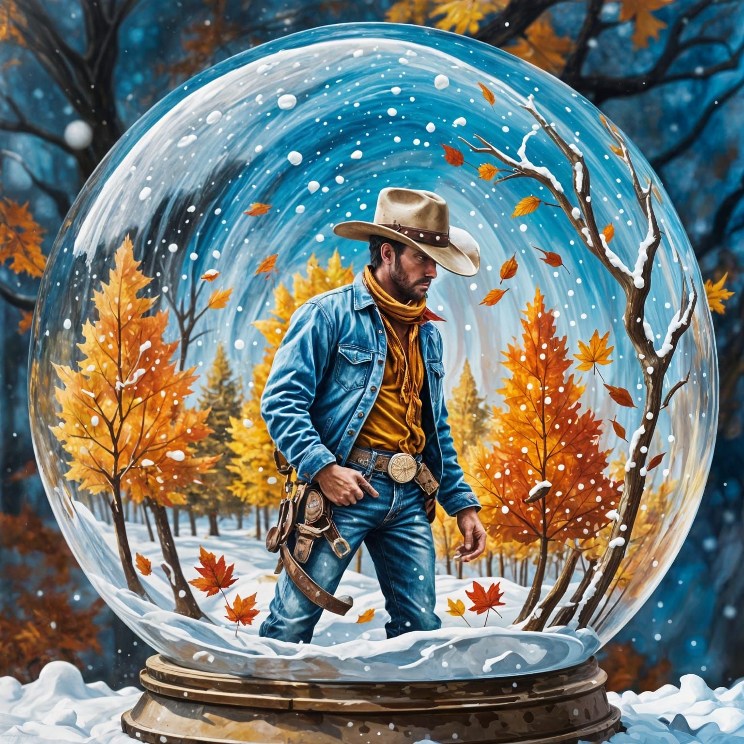 Cowboy in a Whimsical Snow Globe Scene