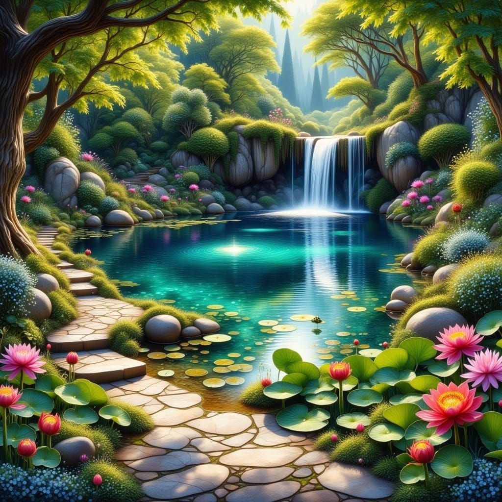 Serene Waterfall Scene in Dreamy Monet-Inspired Style