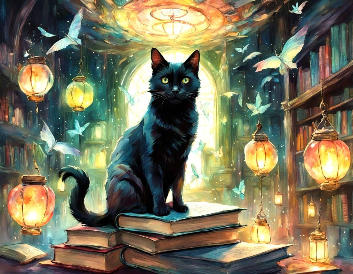 Enchanted Midnight Bookshop with Floating Books