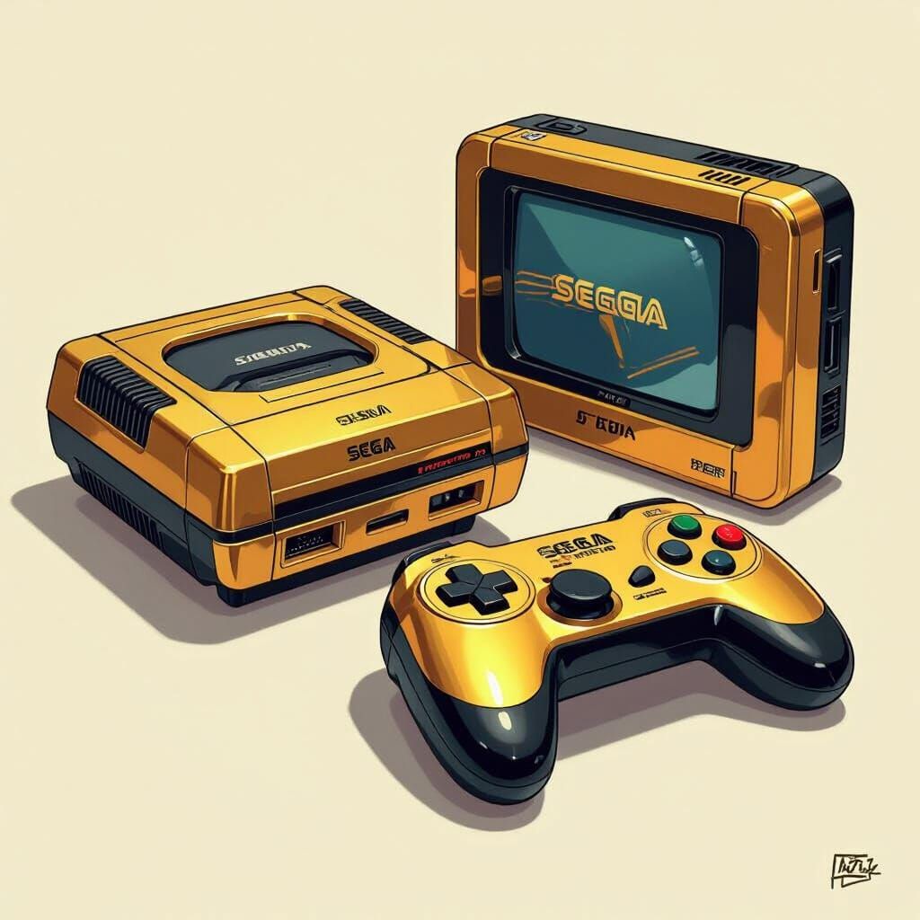 Gold And Black Sega Genesis Console With Controller