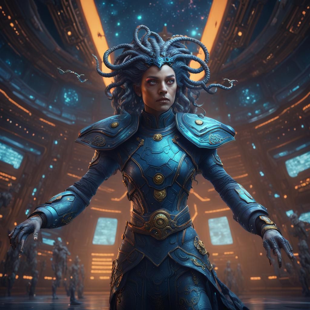 Medusa Goddess in Space Uniform: Detailed Matte Painting