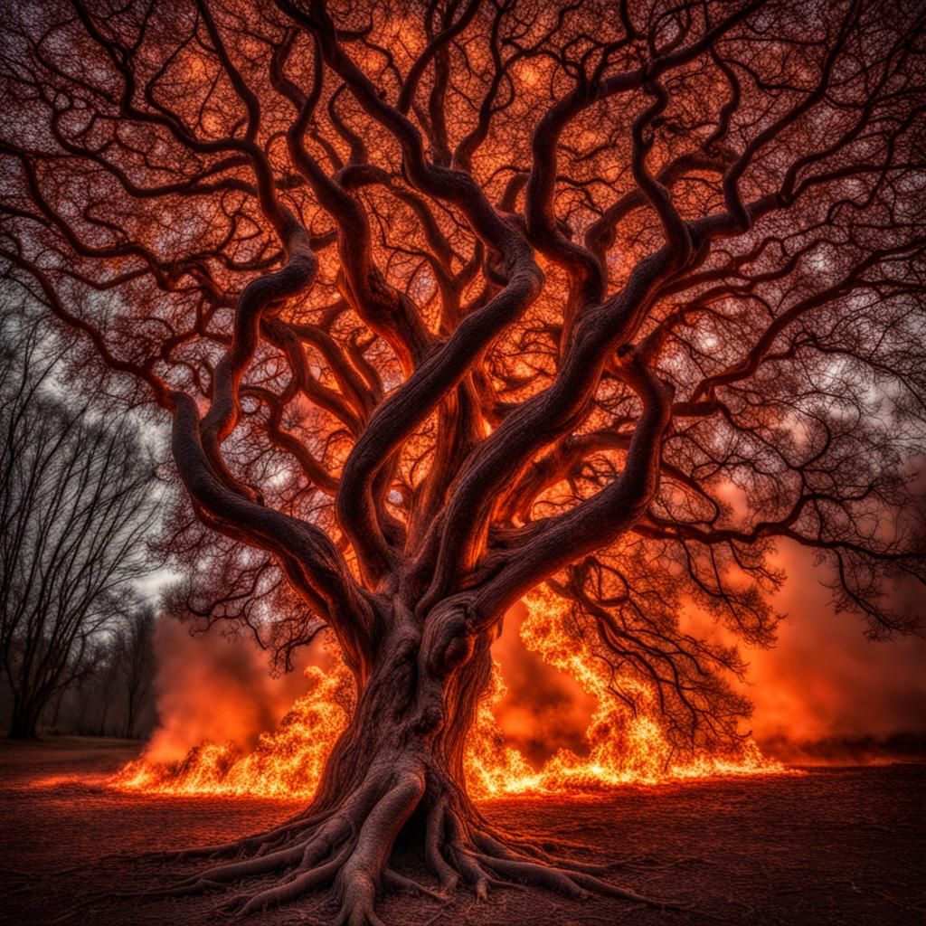 Hyperrealistic Fire Tree in Cinematic Composition