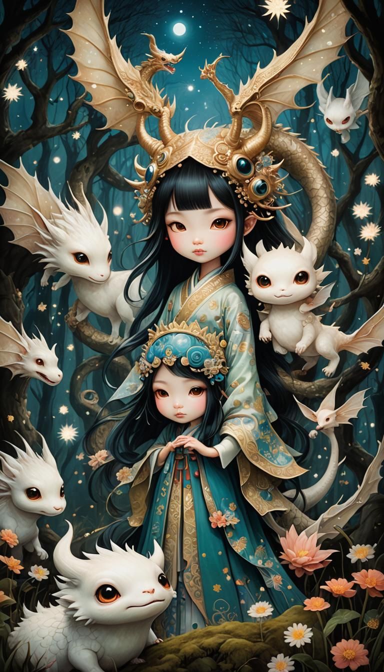 Yokai Fairy and Dragon in Starry Meadow