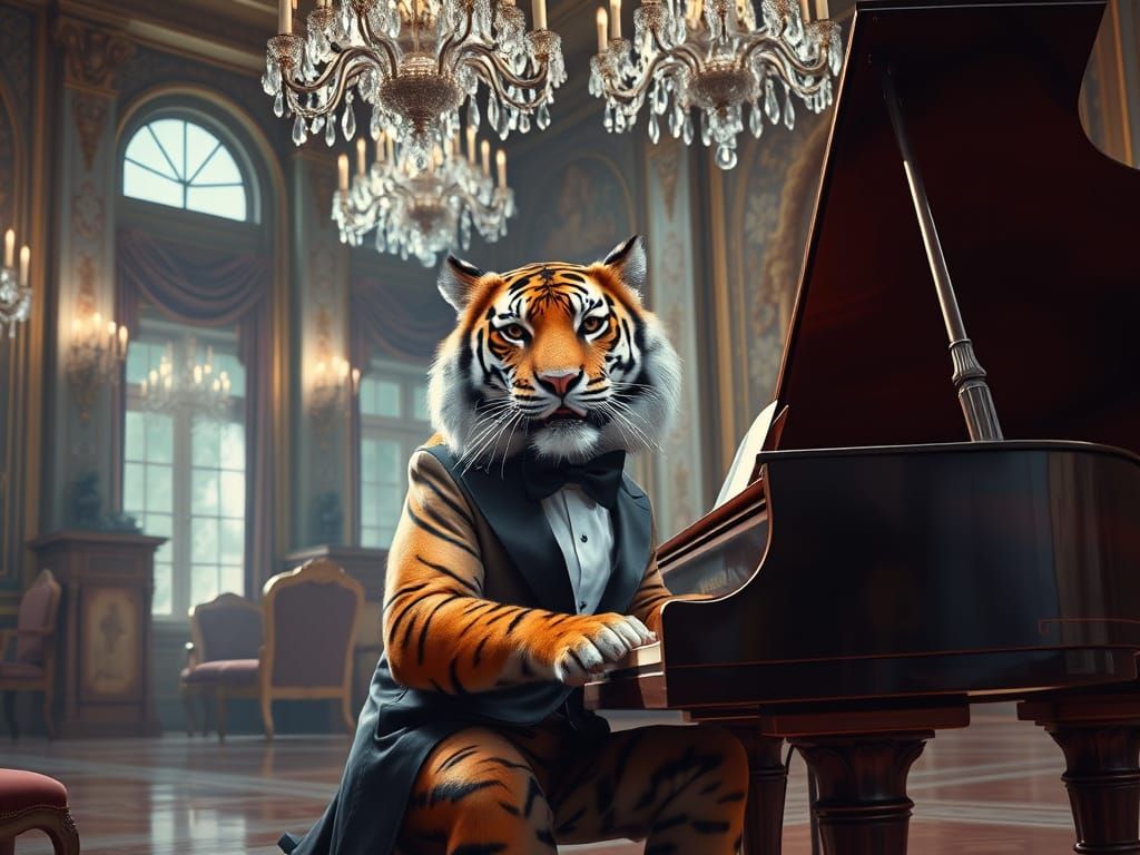 Tiger Pianist in Lavish Ballroom: Oil Painting