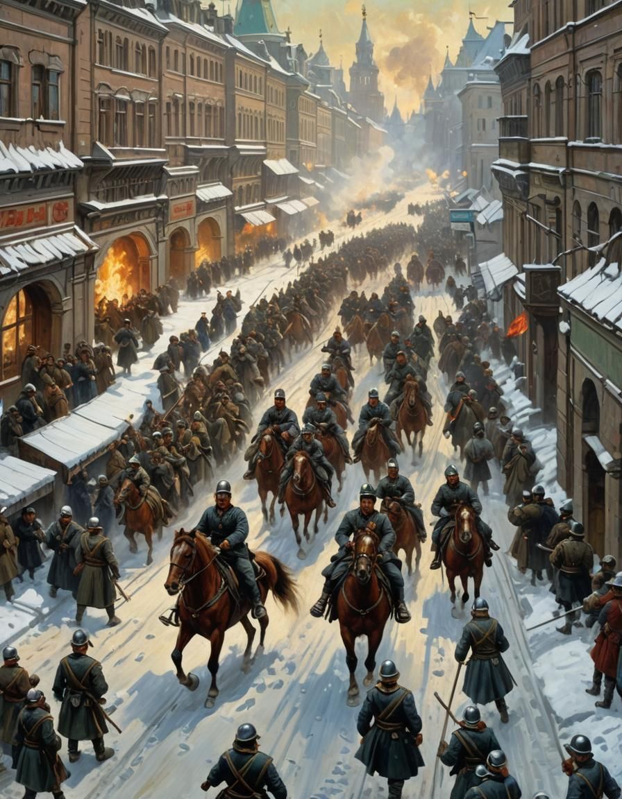 Cavalry Charge in Icy Moscow Street: Oil Painting