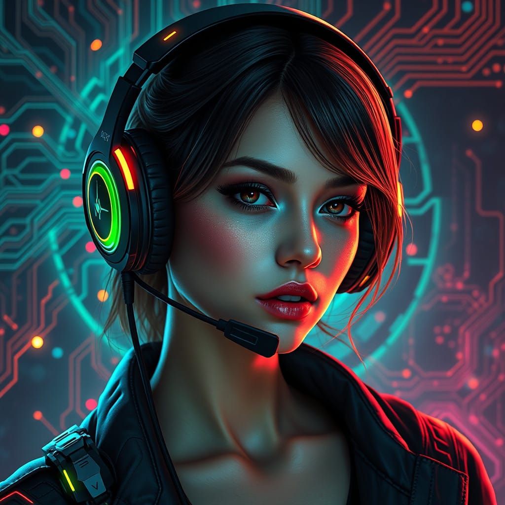 Hyperrealistic Portrait of a Gamer Goddess in Cyberpunk Sple...