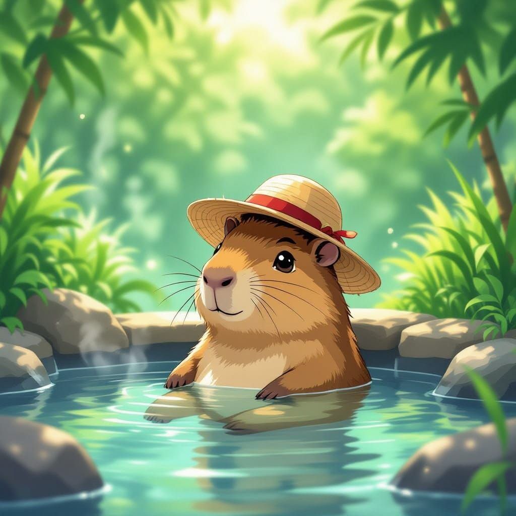 Cute Capybara Enjoys Steaming Hot Spring in Anime Style