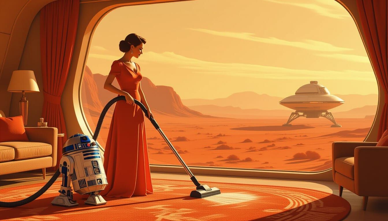 Housewife Vacuums Mars in Retro-Futuristic Living Room