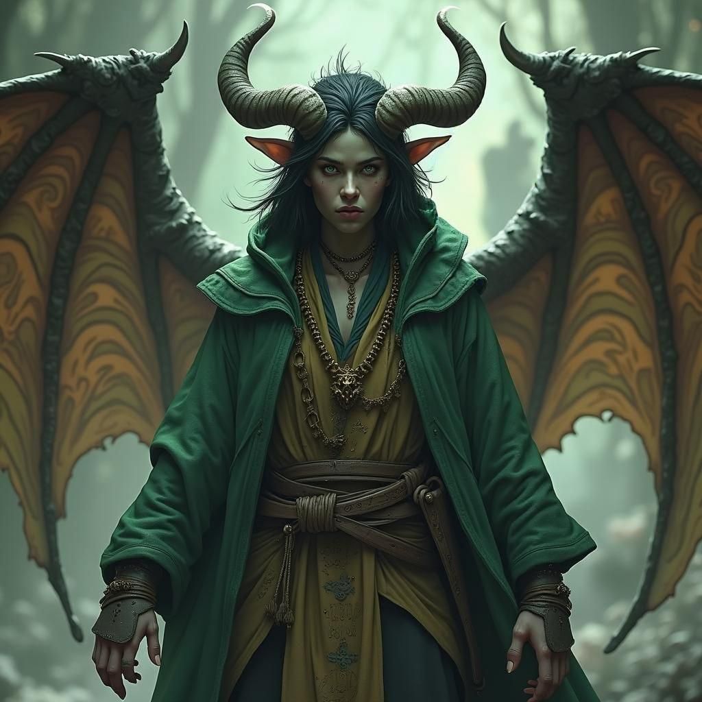 Winged Tiefling Warlock with Penguin, Fantasy Art