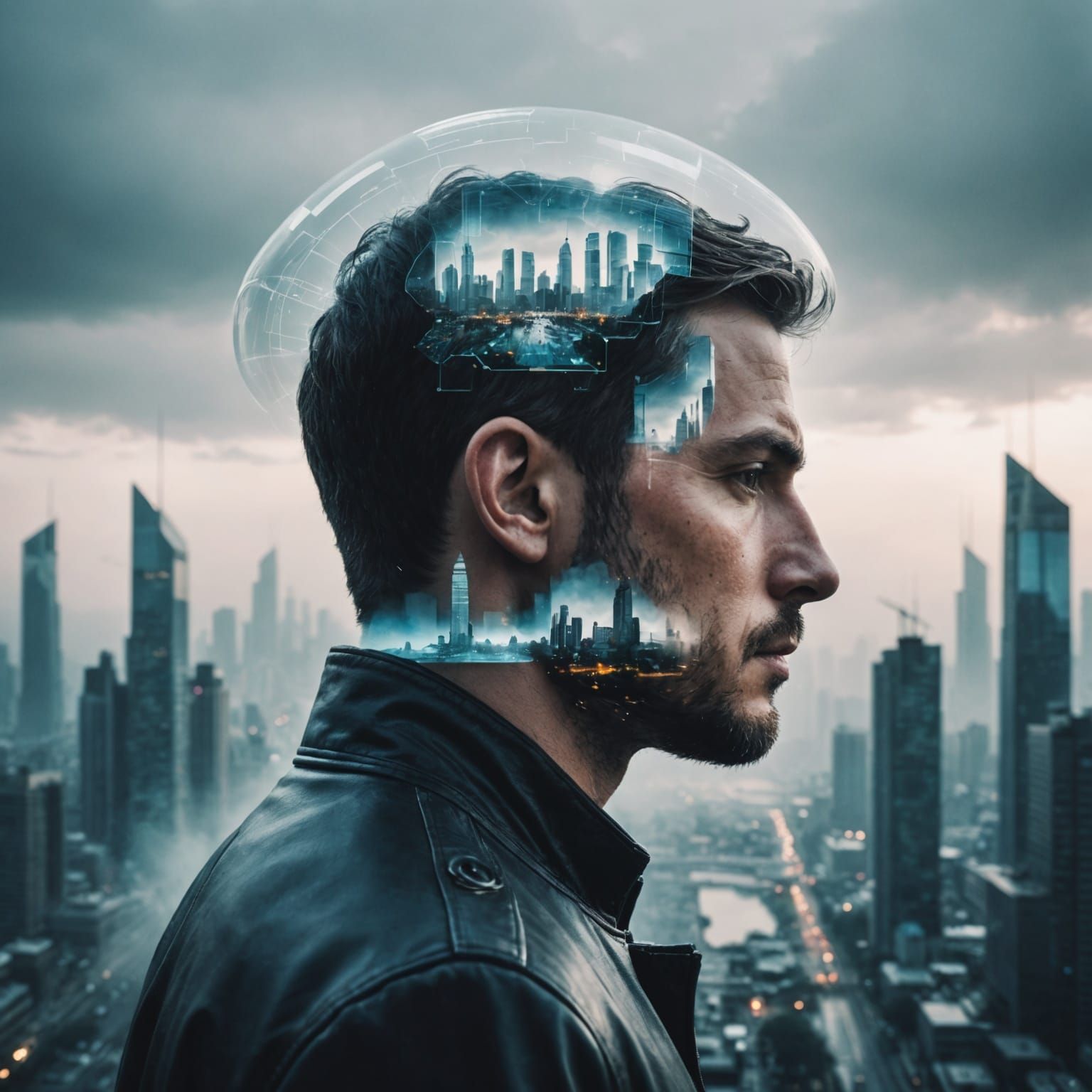 Epic Double-Exposure: Man and Futuristic City
