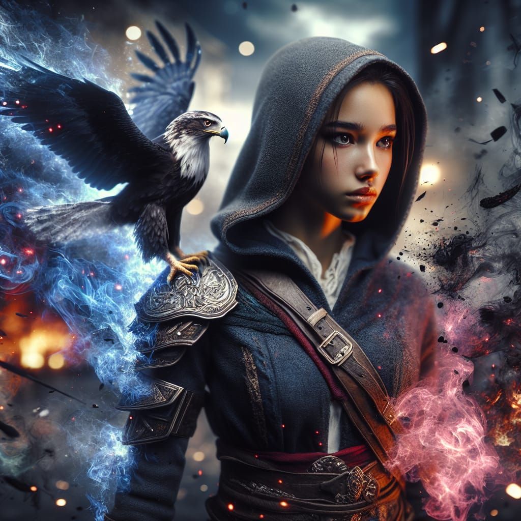 Hispanic Assassin with Eagle in Cinematic Fantasy Scene