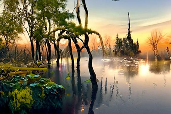 Dawn Breaks Over Misty Swamp: A Hyperrealistic Vista