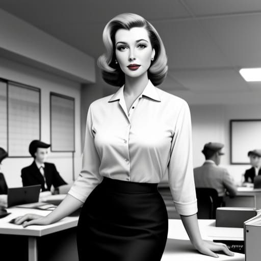 1950s professional woman in a pencil skirt working in an office. Rafael Santi
