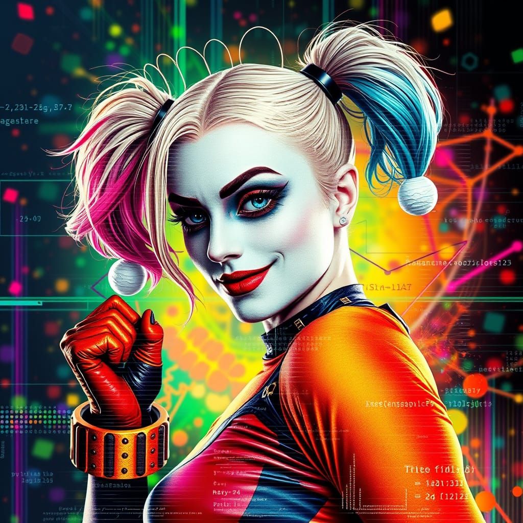 Harley Quinn in Glitch Art Style with Fractal Patterns