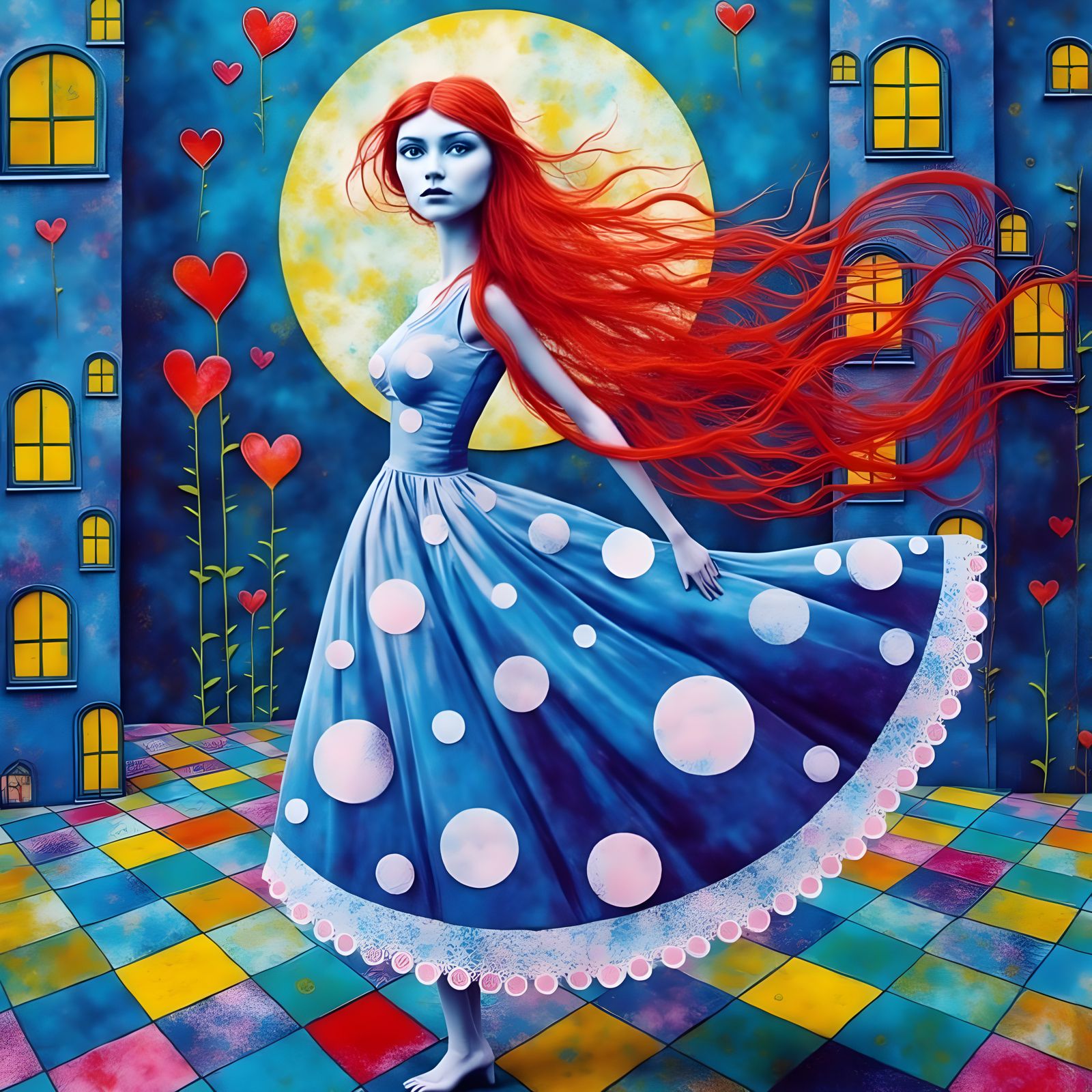 Dreamlike Woman Dances Under Ethereal Moonlight in Whimsical...