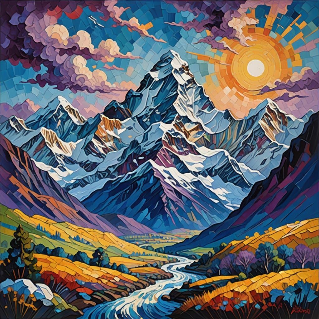 Snow-Crowned Himalayan Giant in Vibrant Neo-Impressionist St...