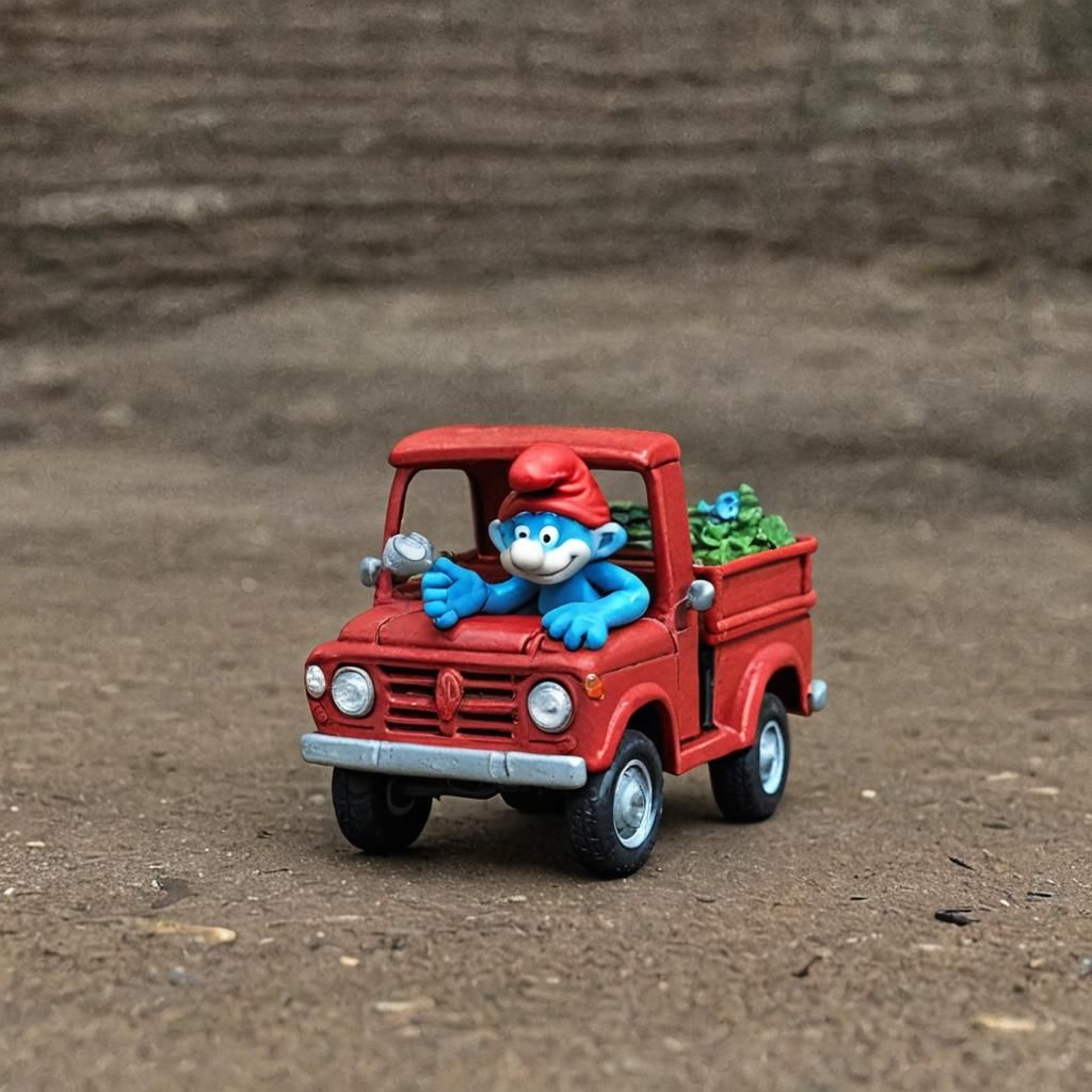 smurf in a big red truck