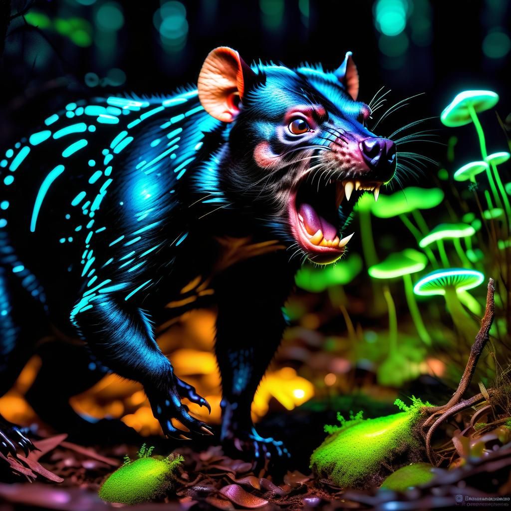 A biofluorescent Tasmanian Devil surrounded by bioluminescent Magic Mushrooms