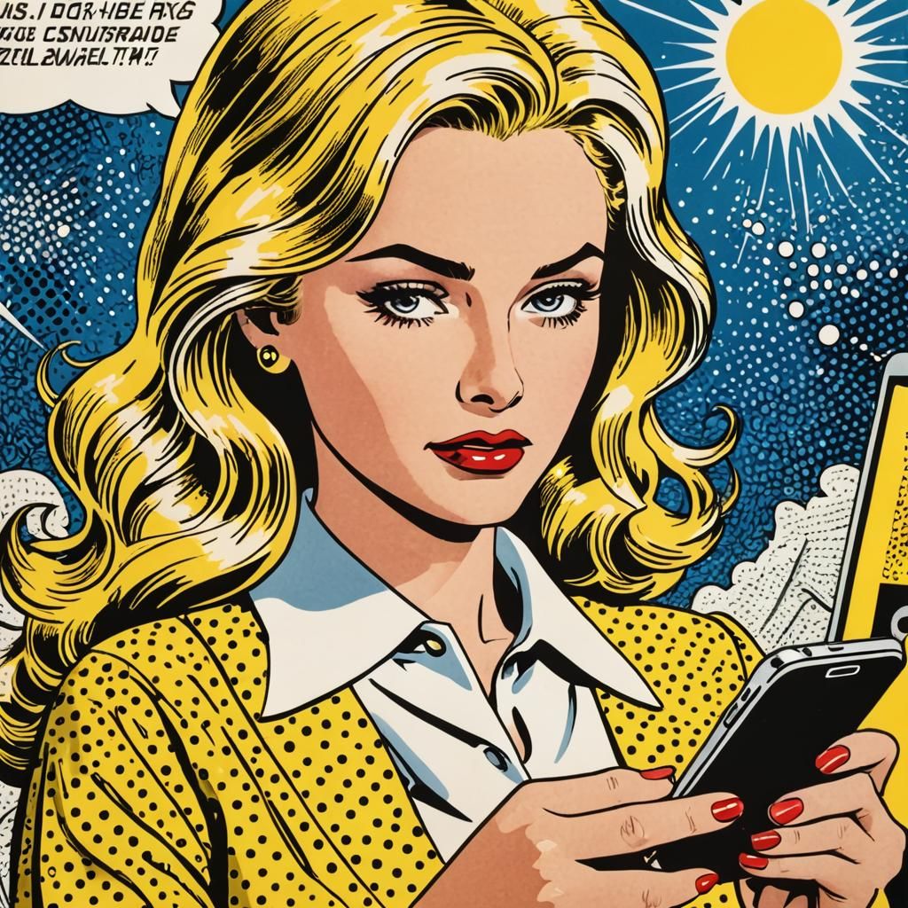 Blonde Woman with Smartphone in Roy Lichtenstein Style