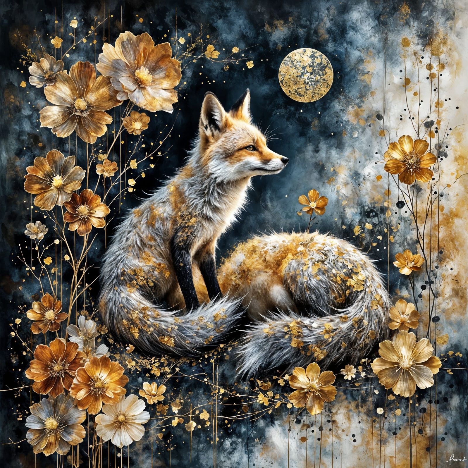 Luxurious Fox in Gold Leaf - Abstract Technological Landscap...