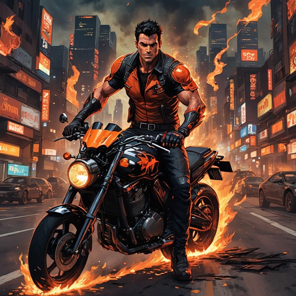 Hellfire Biker: Anime-Inspired 3D Illustration