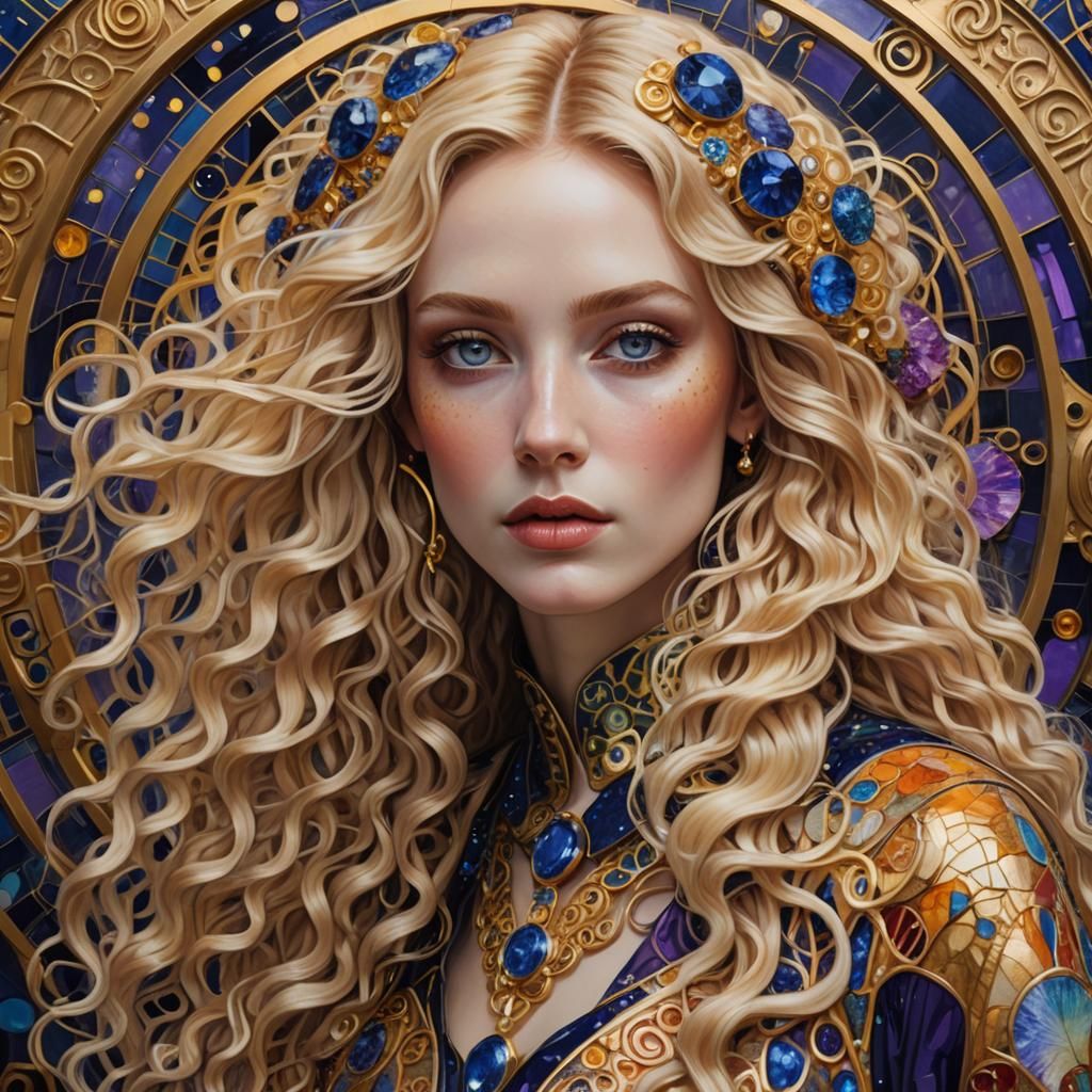 Art Nouveau Portrait in Klimt Style with Sapphire Accents