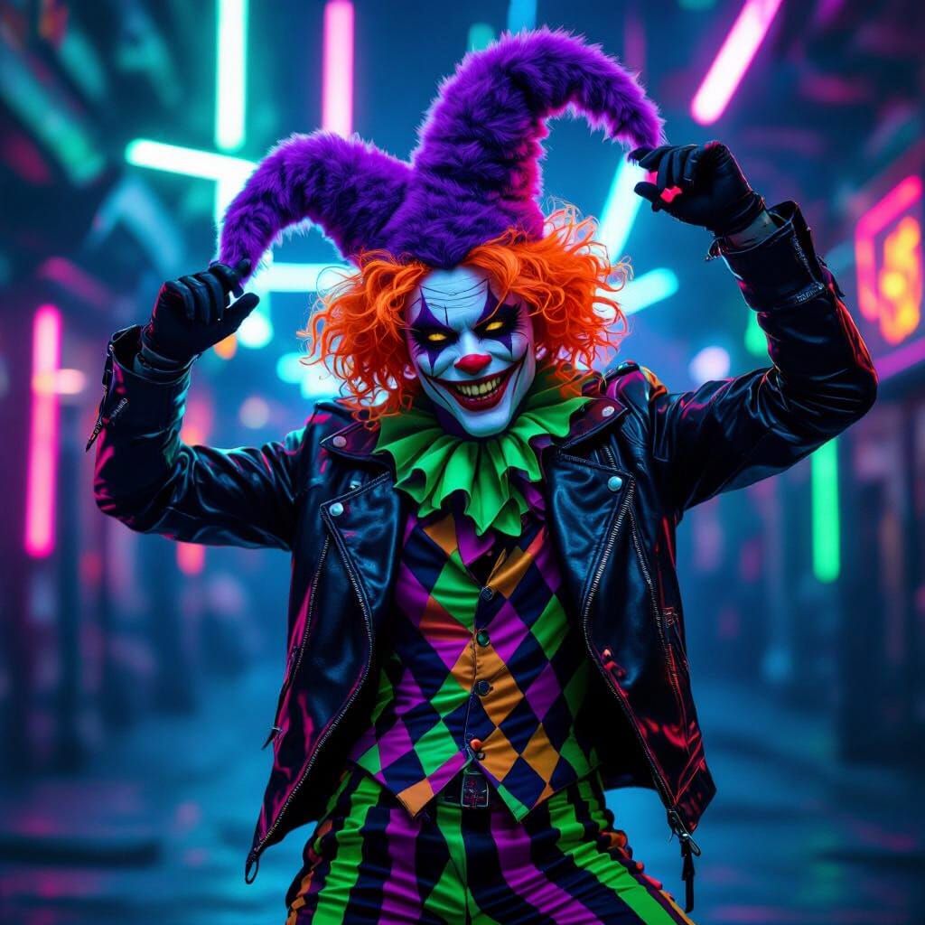 Creepy Vampire Jester Dancing Under Neon Lights
