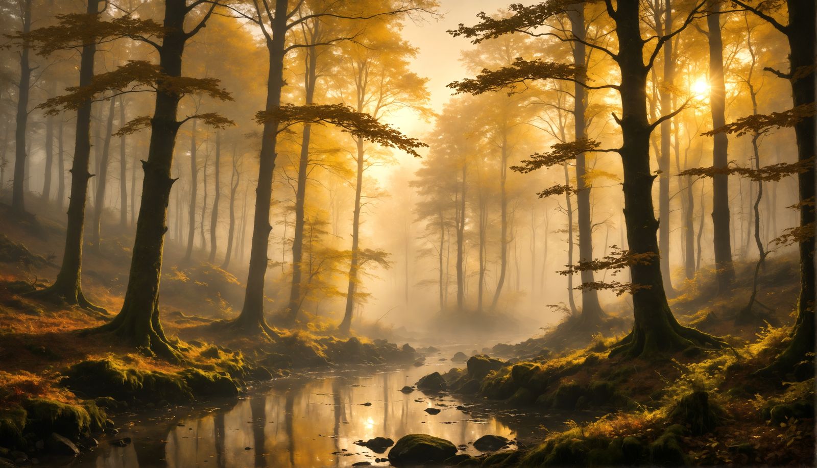 Misty Autumn Forest Landscape in Romantic Style