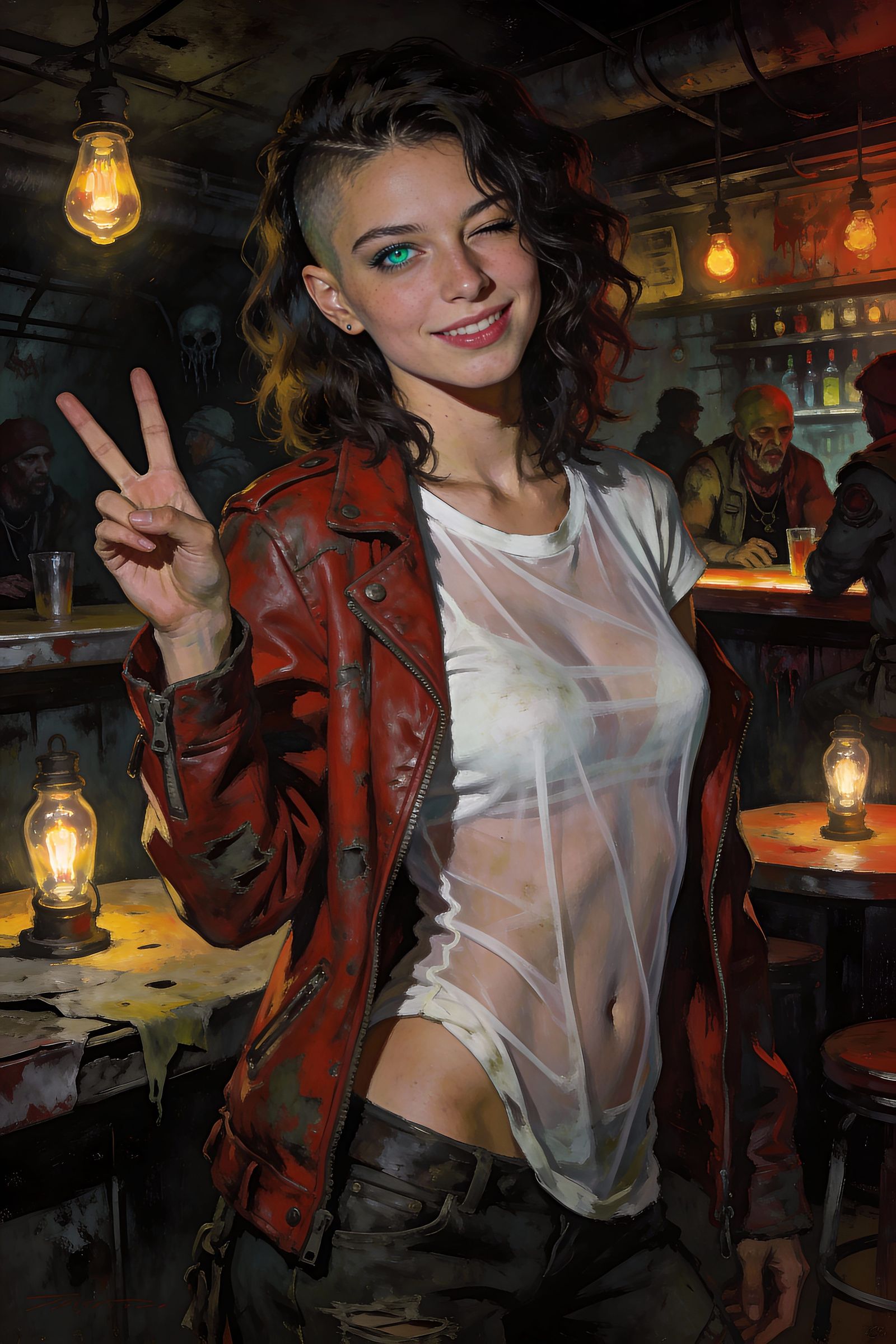 Charming Woman in Post-Apocalyptic Bar, V Sign