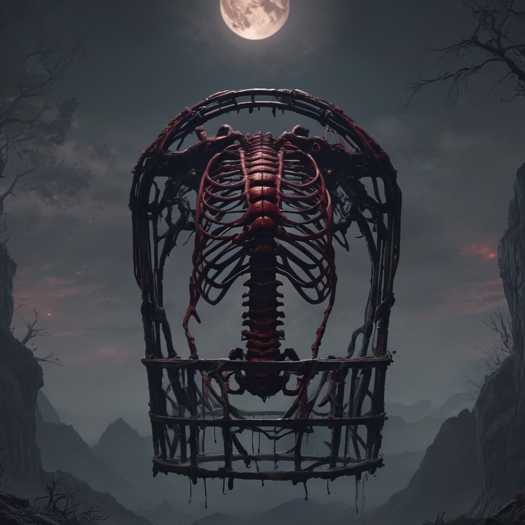 Eerie Rib Cage Cage in Gloomy Highlands