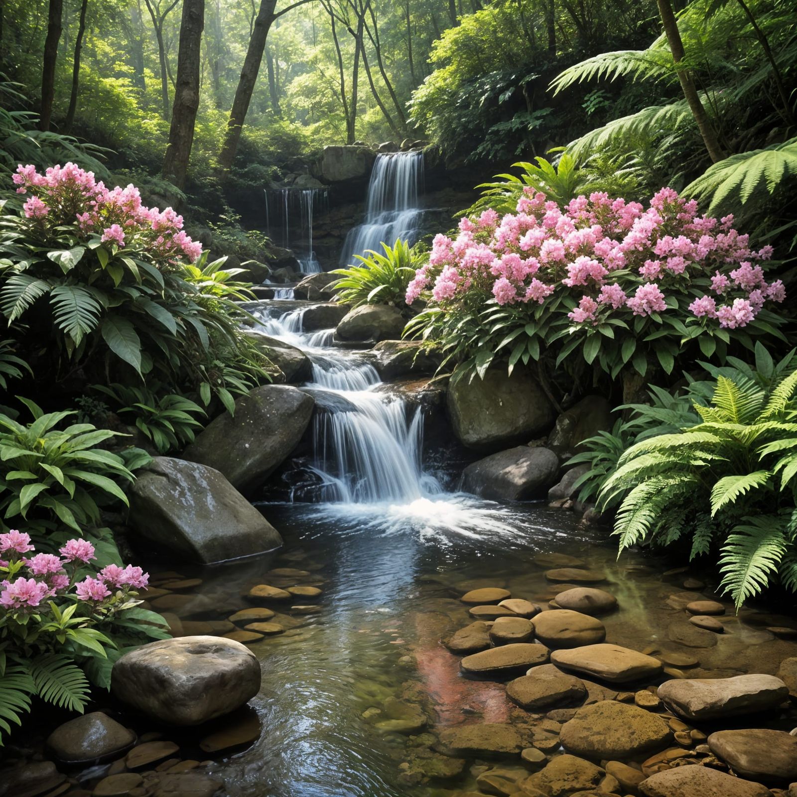 Smoky Mountains Waterfall with Pink Blooms