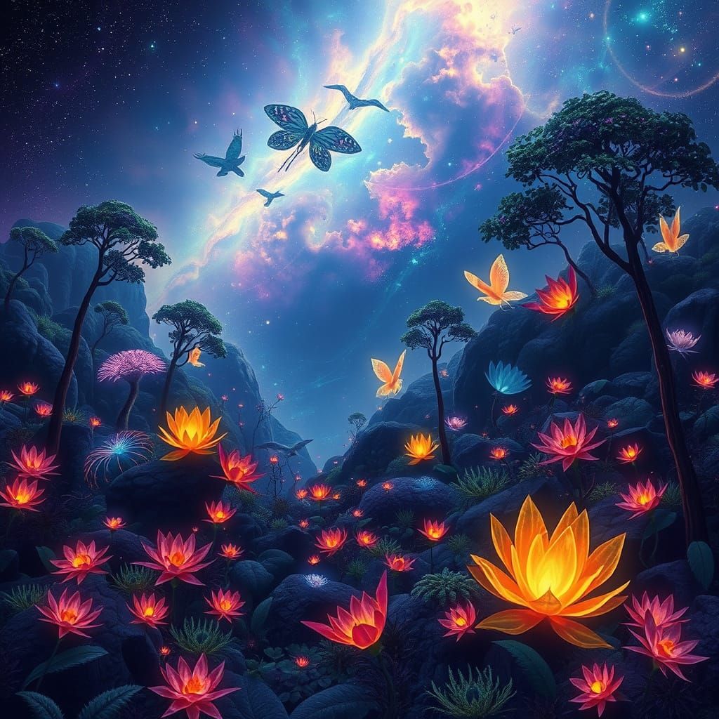 Bioluminescent Astral Landscape in Cosmic Glow