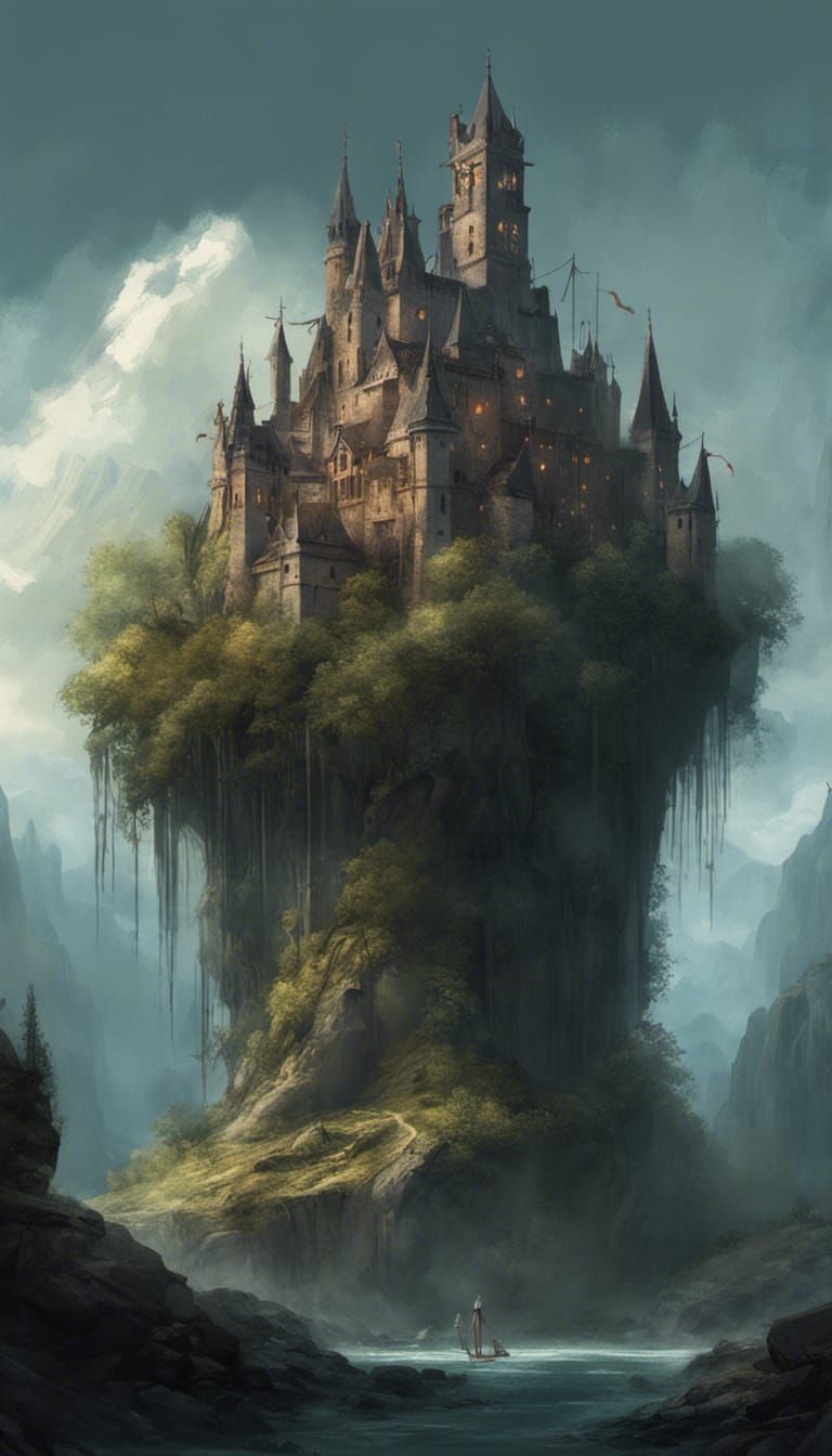 Crystal Floating Castle in Dark Fantasy Style