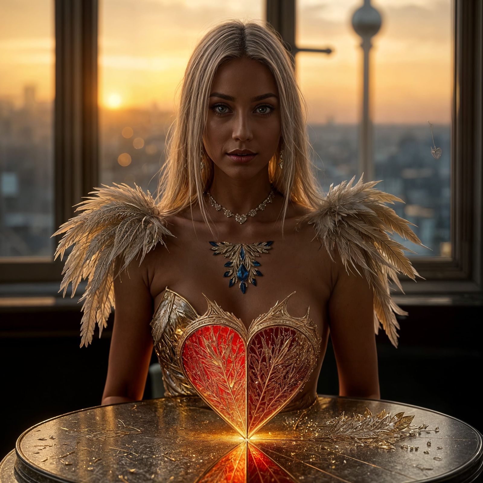 Glamorous Woman in Sculpted Feather Couture