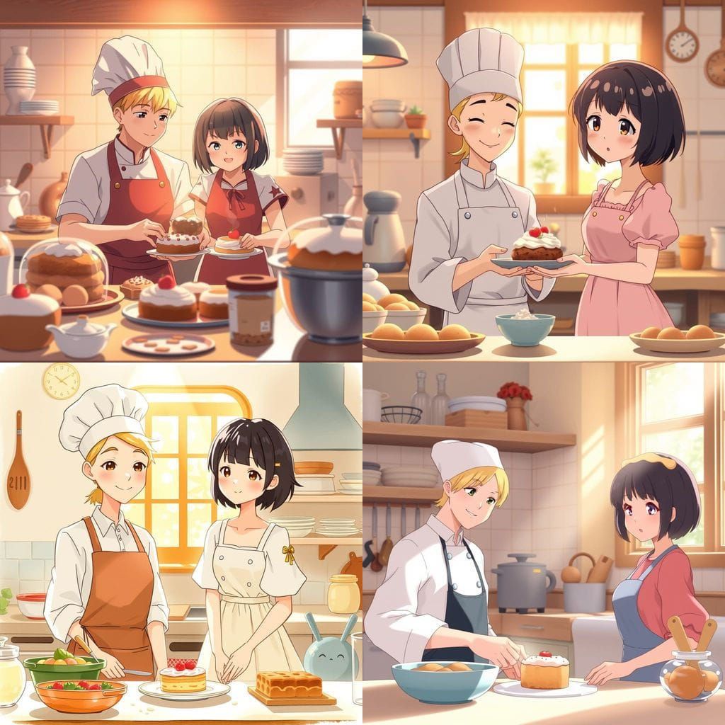 Anime Girl and Chef Prepare Dessert in Cozy Kitchen