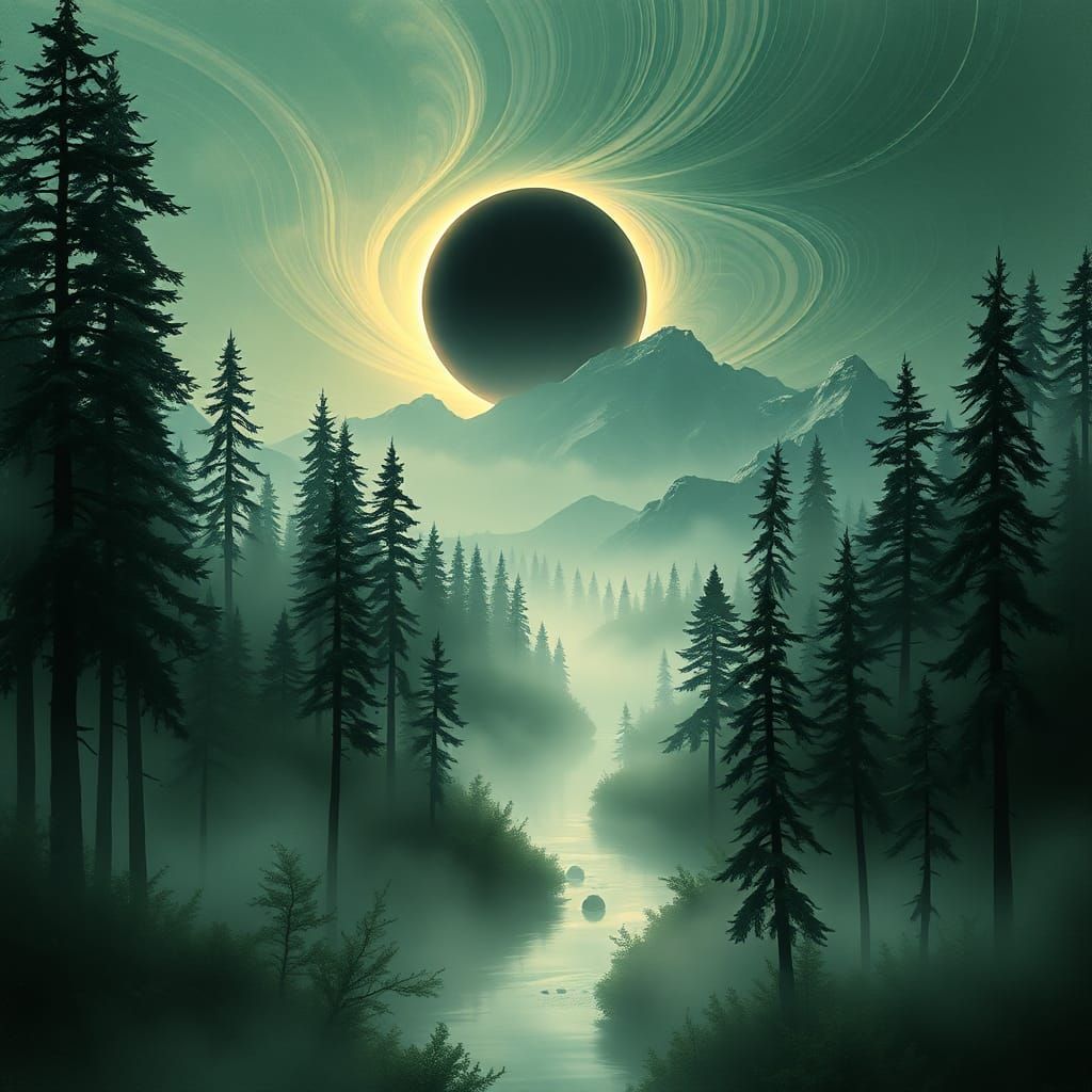 Surreal Forest Landscape with Solar Eclipse
