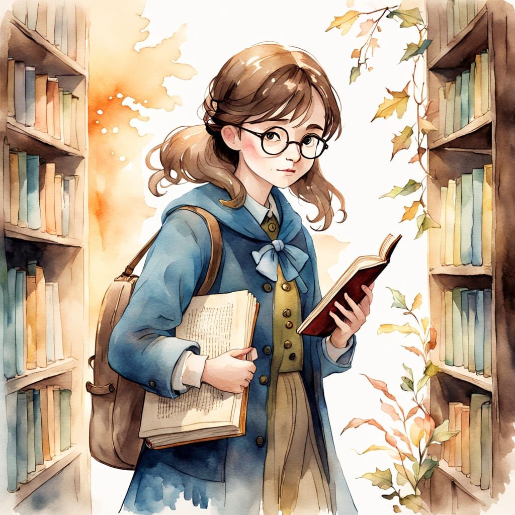 Whimsical Watercolor of a Ravenclaw Student Rushing to Class