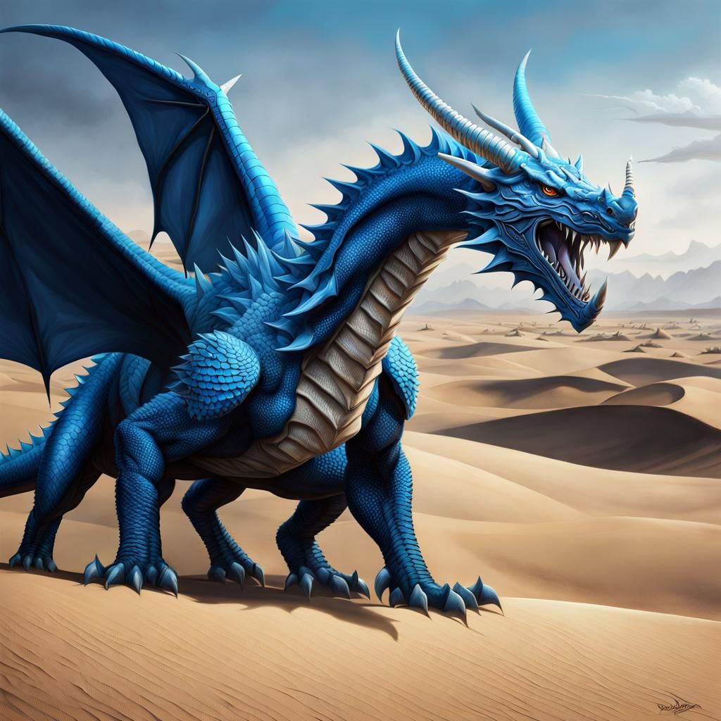 Elegant Blue Dragon with Desert Dunes