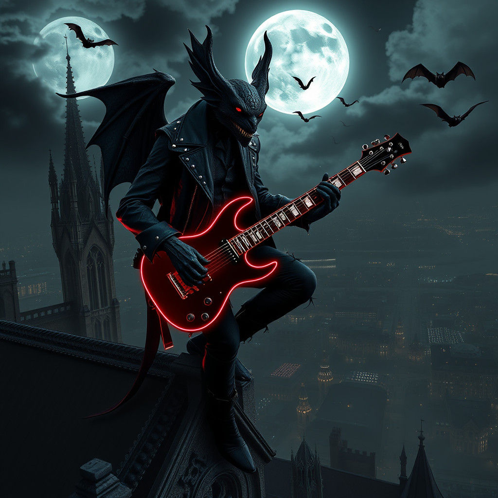 Gothic Gargoyle Plays Guitar Under Moonlight