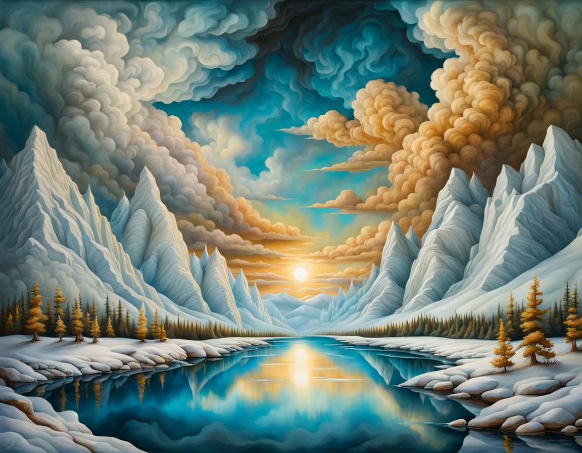 Winter River Landscape in Pastel Watercolor Style