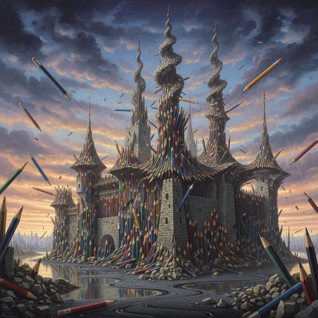 Fantastical Pencil Castle Transformation in Twilight