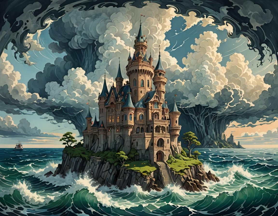 Island Castle: Art Nouveau Rococo Gouache in a Storm